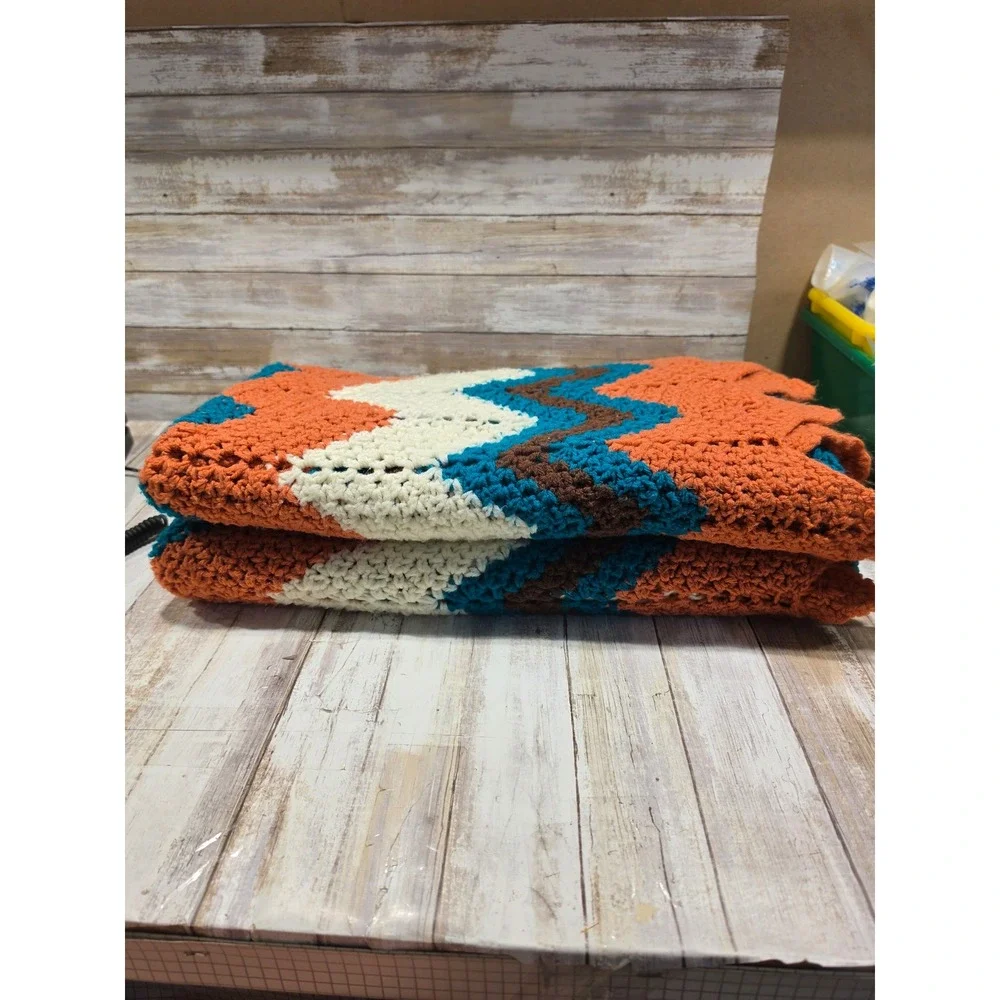 Vintage Handmade Crochet Afghan‎ Blanket Orange Teal Brown Chevron Ripple 43x83